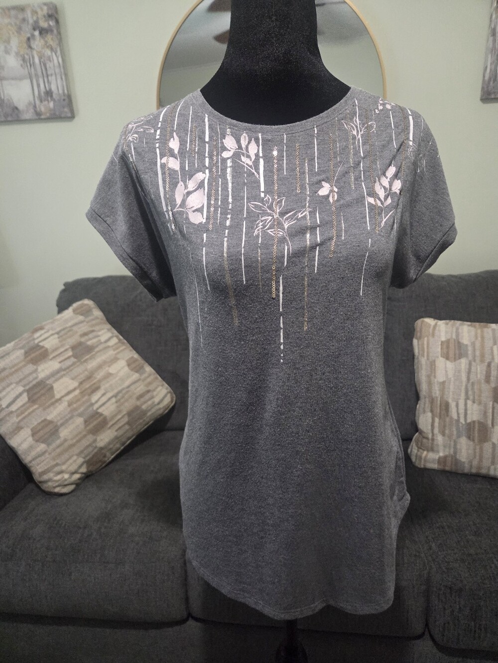Apt. 9 Gray Tee with Pink Floral & Gold Accents
